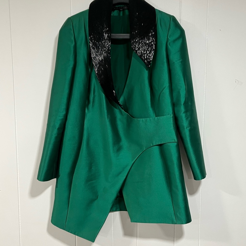 RUBIN SINGER Emerald Silk Faille Tuxedo‎ Mini Coat Dress 46 Sequin Lapel - Picture 3 of 8